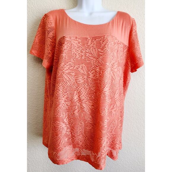 Calvin Klein Orange Lace Overlay Top XXL Lightweight Soft Stretch Short Sleeves - Picture 1 of 6
